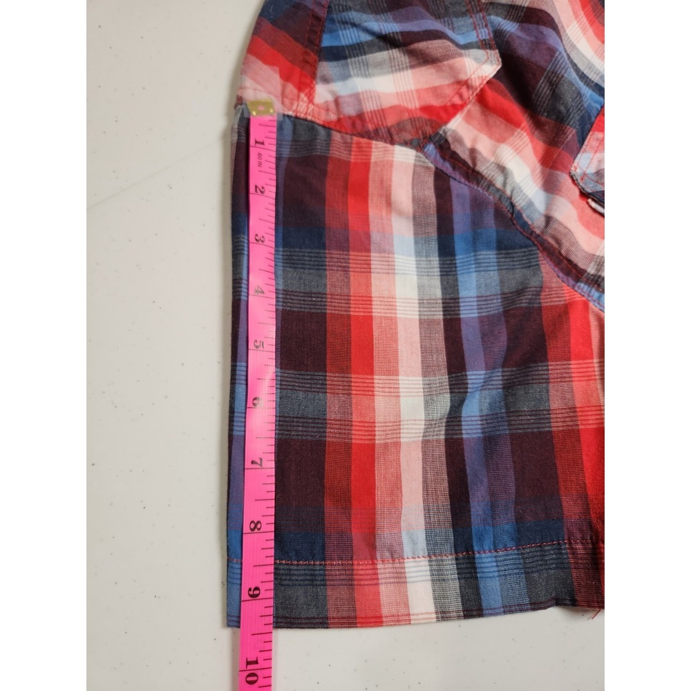 Ditch Plains Pearl Snap Men's Size L Shirt Red Blue Plaid Short Sleeve Cowboy - Picture 7 of 7
